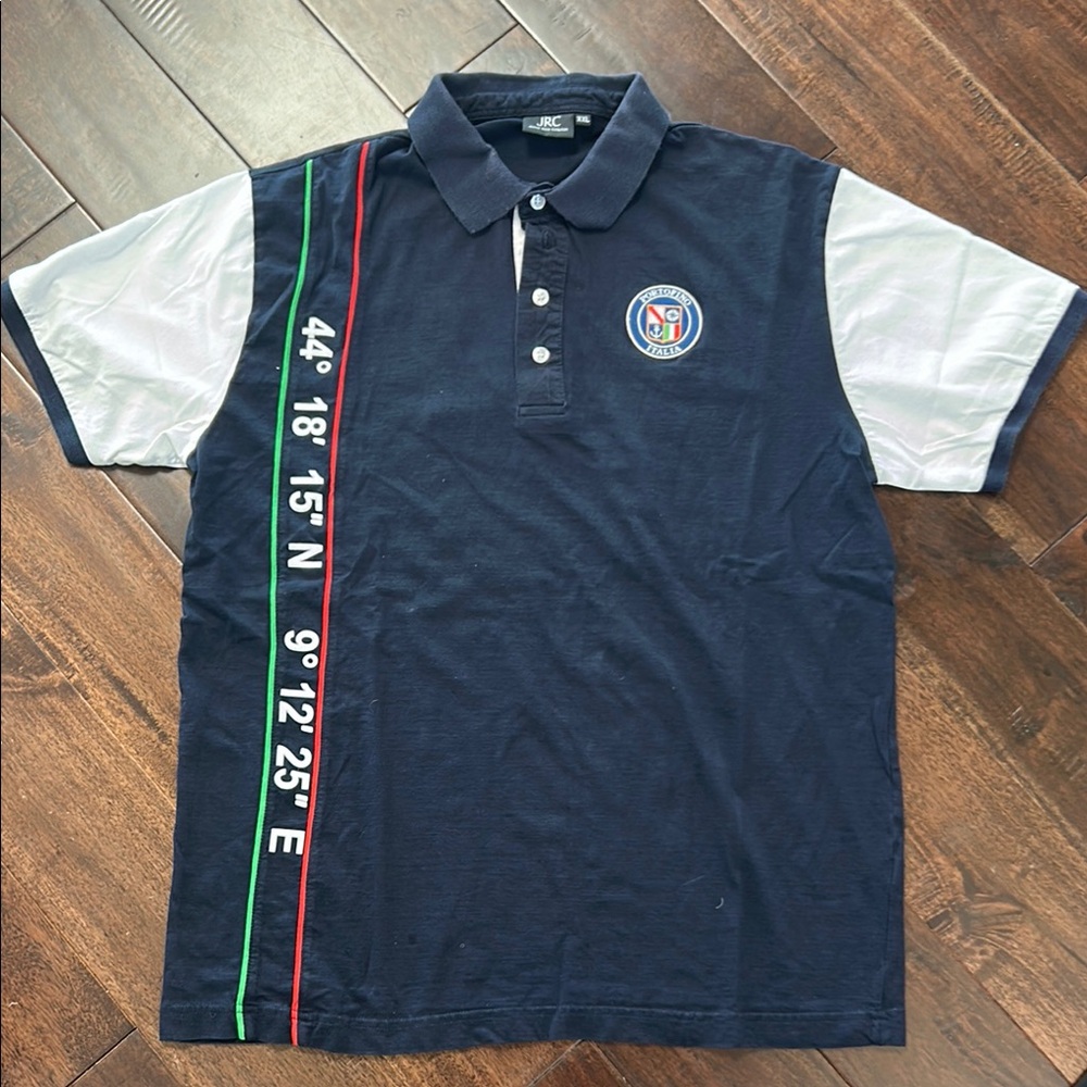 Blue and White Polo Shirt with Sporty Stripe Design
